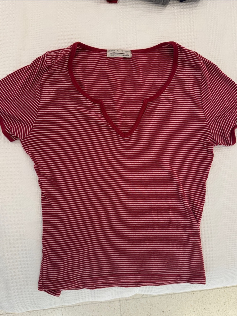 Urban Outfitters Red and White Striped V‑Neck Short Sleeve Tee
